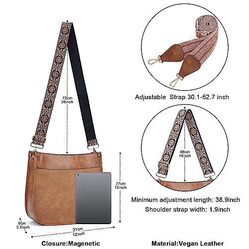 HKCLUF Crossbody Bags for Women Trendy Vegan Leather Hobo Handbags With 2PCS Adjustable Guitar Strap Crossbody Shoulder Bag Purse For Women(Stitching Brown) - Image 3