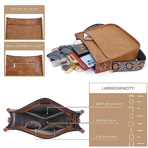 HKCLUF Crossbody Bags for Women Trendy Vegan Leather Hobo Handbags With 2PCS Adjustable Guitar Strap Crossbody Shoulder Bag Purse For Women(Stitching Brown) - Image 4