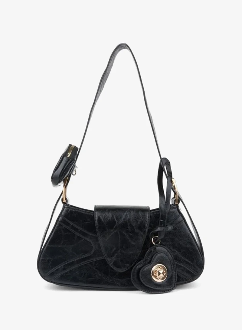 Women's Lotus Black Baget Wallet Design Synthetic Leather Snap-Closure Hand and Shoulder Bag.
