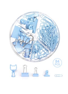 84Pcs Paper Clips and Binder Clips Set, Metal Assorted Sized Binder Clips with Push Pins, Cute Office Supplies for Desk, Desk Accessories, Blue