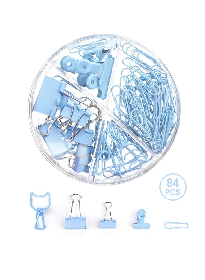 Generic - 84Pcs Paper Clips and Binder Clips Set, Metal Assorted Sized Binder Clips with Push Pins, Cute Office Supplies for Desk, Desk Accessories, Blue - Image 1