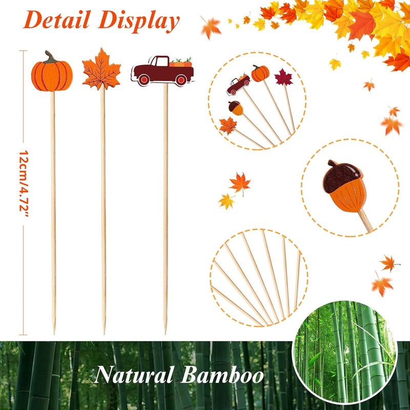 KIGEAPUEL 100 pcs Fall Cocktail Picks, Leaves Pumpkins Acorns Decorative Fancy Bamboo Appetizer Fruit Skewers for Fall Thanksgiving Day Party Food Fruit Drinks Decoration - Image 2