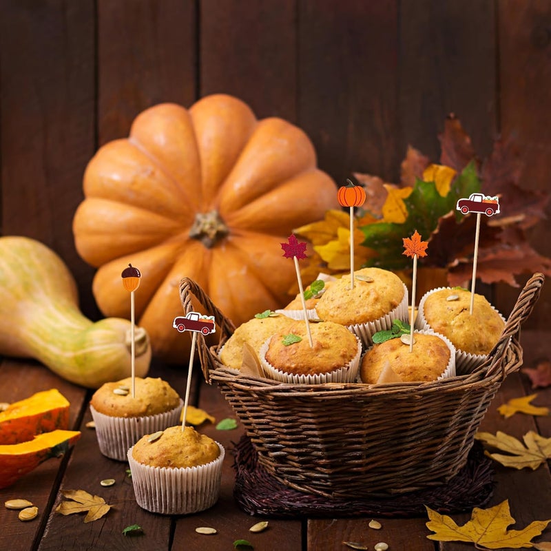 KIGEAPUEL 100 pcs Fall Cocktail Picks, Leaves Pumpkins Acorns Decorative Fancy Bamboo Appetizer Fruit Skewers for Fall Thanksgiving Day Party Food Fruit Drinks Decoration - Image 3