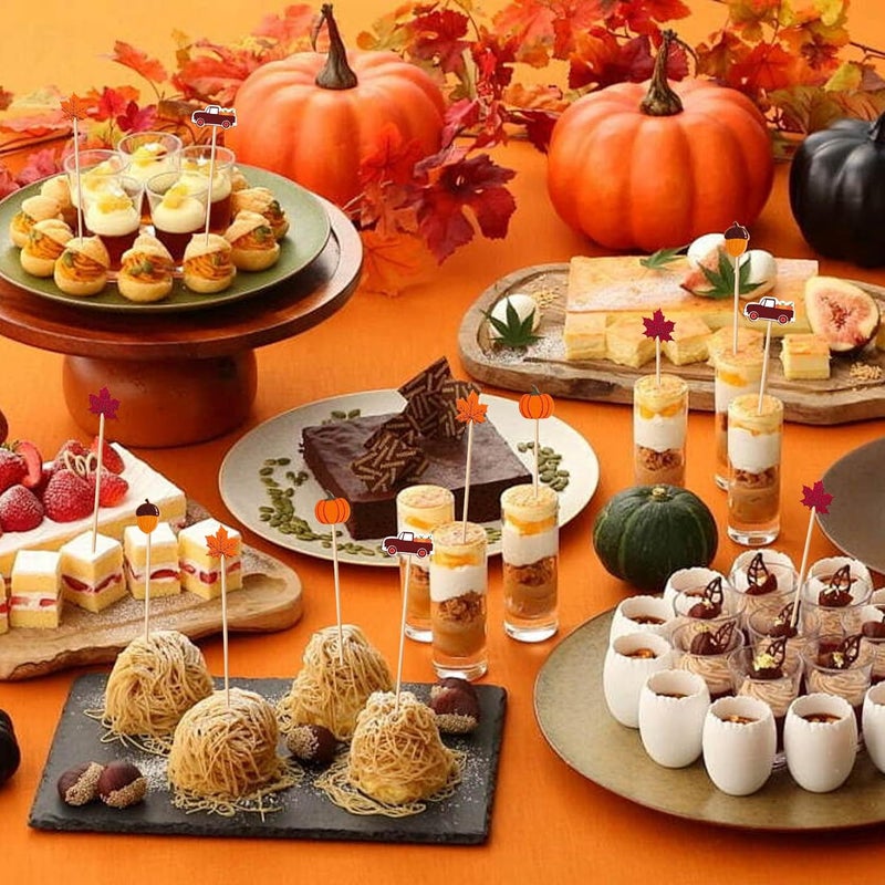 KIGEAPUEL 100 pcs Fall Cocktail Picks, Leaves Pumpkins Acorns Decorative Fancy Bamboo Appetizer Fruit Skewers for Fall Thanksgiving Day Party Food Fruit Drinks Decoration - Image 5