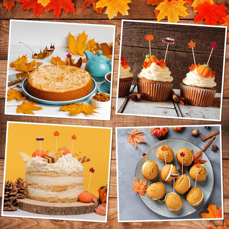 KIGEAPUEL 100 pcs Fall Cocktail Picks, Leaves Pumpkins Acorns Decorative Fancy Bamboo Appetizer Fruit Skewers for Fall Thanksgiving Day Party Food Fruit Drinks Decoration - Image 4