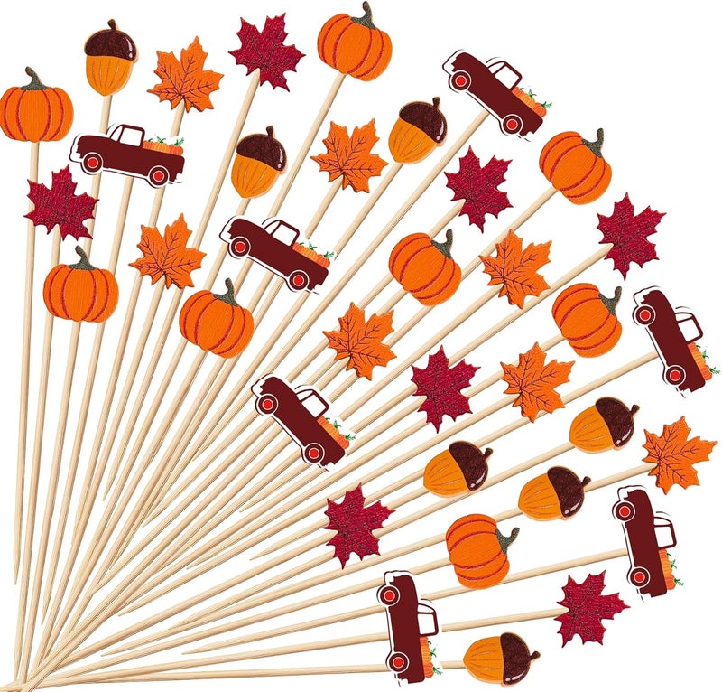 KIGEAPUEL 100 pcs Fall Cocktail Picks, Leaves Pumpkins Acorns Decorative Fancy Bamboo Appetizer Fruit Skewers for Fall Thanksgiving Day Party Food Fruit Drinks Decoration - Image 1