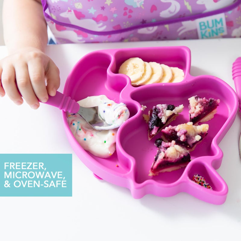 Bumkins Toddler and Baby Suction Plate, Silicone Divided Grip Dish, Babies and Kids, Baby Led Weaning, Children Feeding Supplies, Non Skid Sticky Bottom, Platinum Silicone, Ages 6 Months Up, Unicorn - Image 4