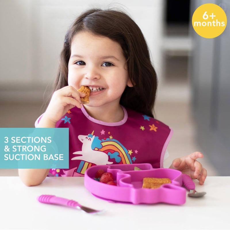Bumkins Toddler and Baby Suction Plate, Silicone Divided Grip Dish, Babies and Kids, Baby Led Weaning, Children Feeding Supplies, Non Skid Sticky Bottom, Platinum Silicone, Ages 6 Months Up, Unicorn - Image 2