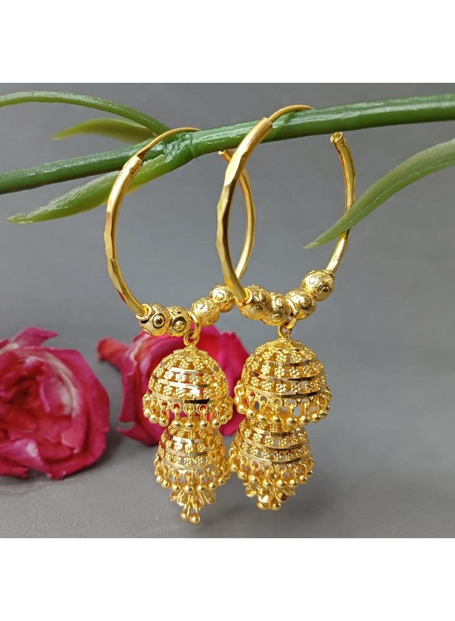 Efulgenz Indian Earrings For Women Indian Hoop Earrings Indian Jhumka Earrings Set Indian Jewelry Traditional Gold Tone Hoop Jhumka Jhumki Dangle Earrings Set For Women - Image 2