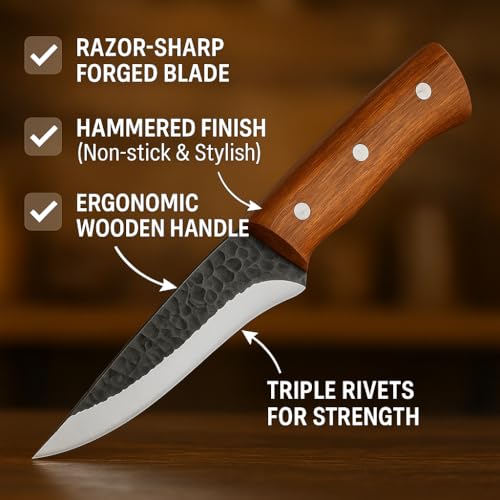Machado Professional Chef Knife – Stainless Steel Kitchen Knife with Etched Hammered Blade & Wooden Handle | Multipurpose Cooking Knife for Home & Restaurant Use - Image 3