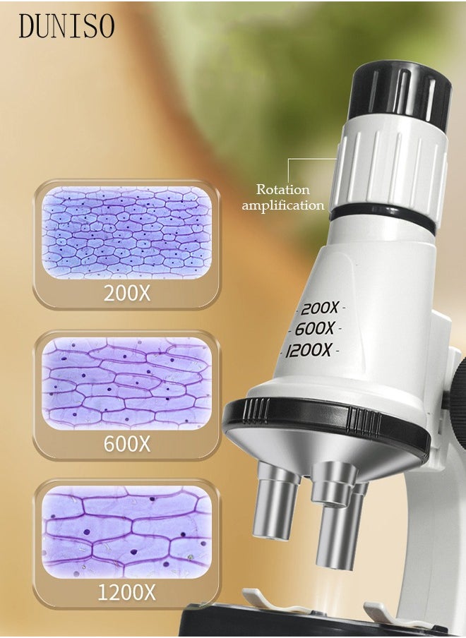 DUNISO - Microscope for Kids Up to 200x-1200x Zoom STEM Kit with Microscope Prepared Slides Built-in LED Light and Configured Various Operating Tools Science Microscope Kit for Kids Students - Image 1