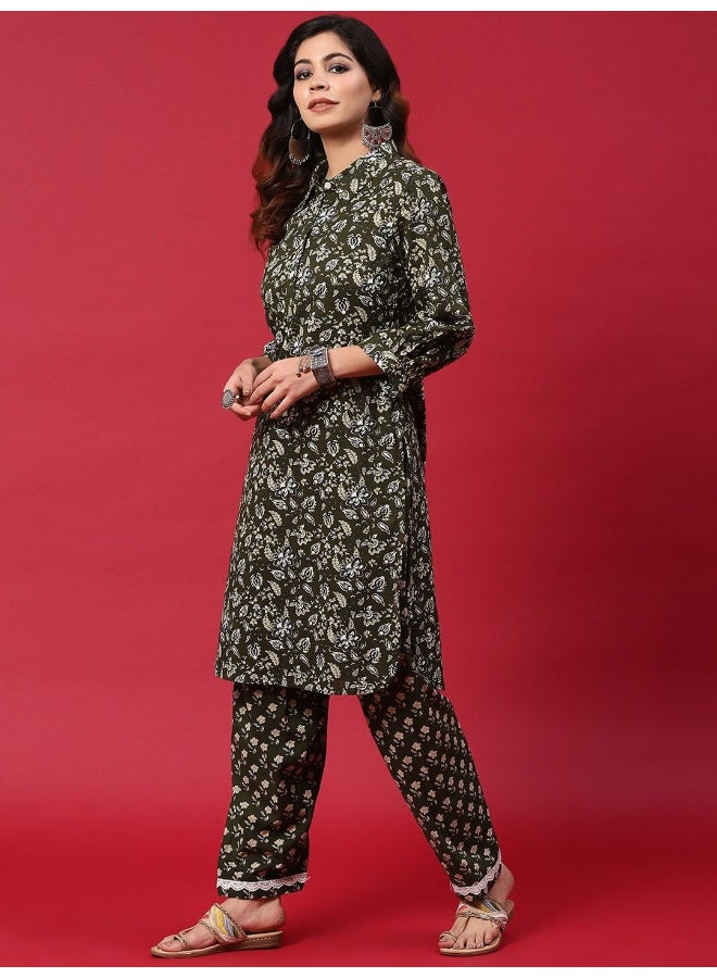 AKS Green Floral Printed Pakistani Kurta With Salwar Set - Image 4