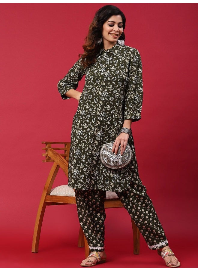 AKS Green Floral Printed Pakistani Kurta With Salwar Set - Image 1