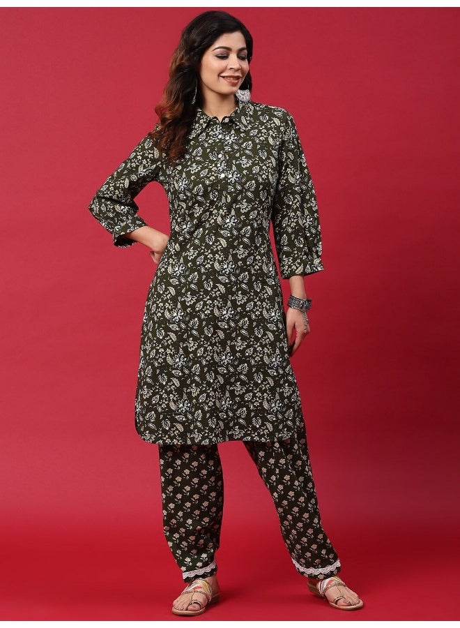 AKS Green Floral Printed Pakistani Kurta With Salwar Set - Image 5
