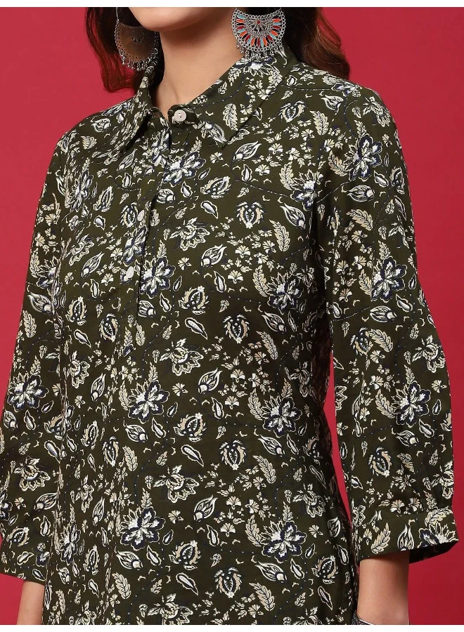 AKS Green Floral Printed Pakistani Kurta With Salwar Set