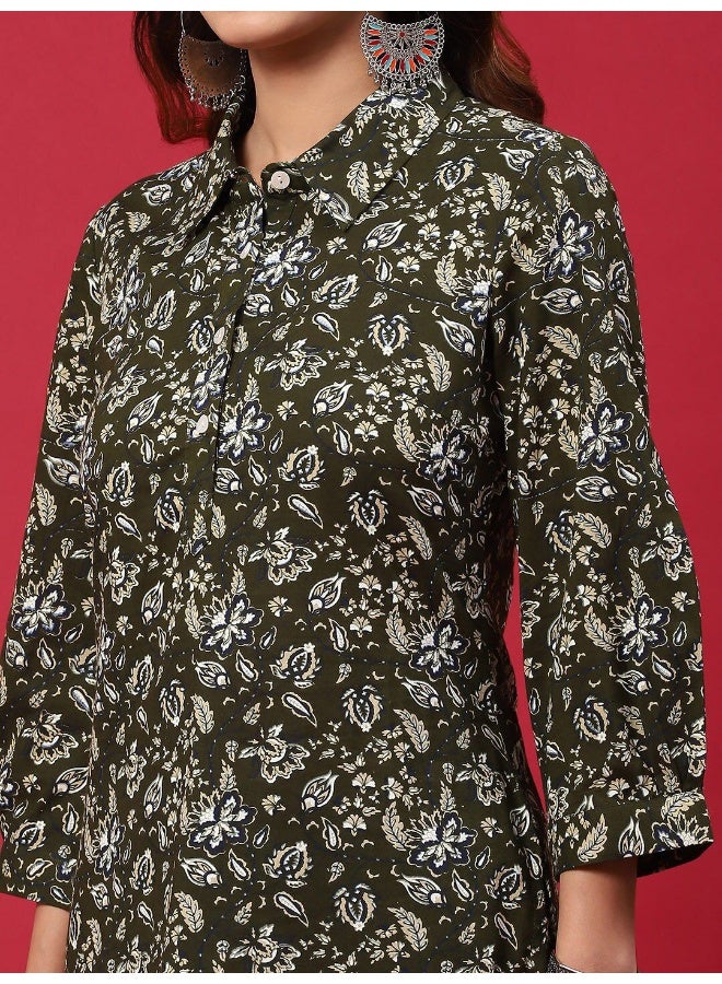 AKS Green Floral Printed Pakistani Kurta With Salwar Set - Image 2