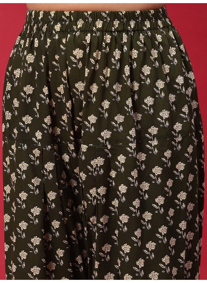 AKS Green Floral Printed Pakistani Kurta With Salwar Set - Image 3