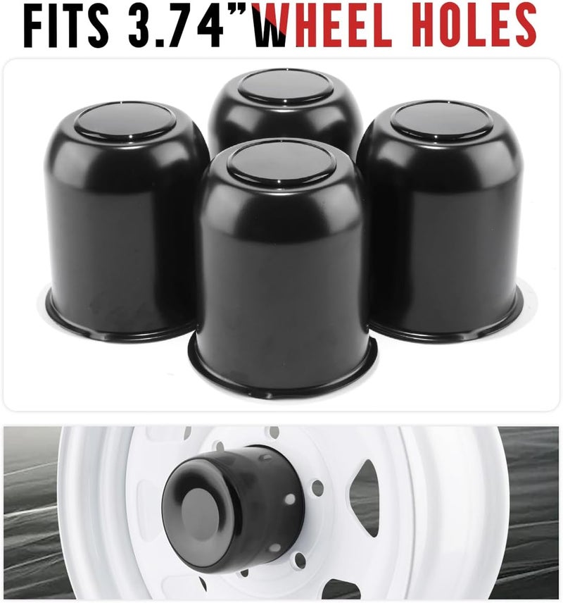 RTRHINOTUNING 4 PCS 3.74in Stainless Steels Wheel Center Caps for 3.74in / 95mm Trailer Truck Rim Center Hole, Matte Black Push Through Hub Caps 4.33in High - Image 3