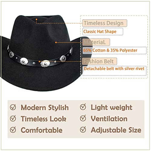 CXQRR Black Cowboy Cowgirl Hat for Women Men Western Style Wide Brim Felt Fedora Panama Hat with Detachable Belt Buckle - Image 4