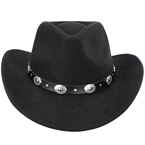 CXQRR Black Cowboy Cowgirl Hat for Women Men Western Style Wide Brim Felt Fedora Panama Hat with Detachable Belt Buckle - Image 2