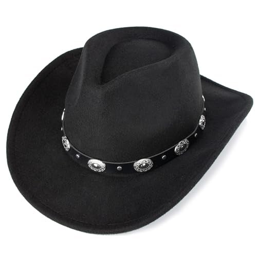 CXQRR Black Cowboy Cowgirl Hat for Women Men Western Style Wide Brim Felt Fedora Panama Hat with Detachable Belt Buckle - Image 1