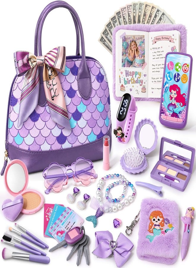 TUZT Mermaid Play Purse for Little Girls, 29PCS Toddler Purse Set with Handbag Fake Makeup Watch Toy Phone, Pretend Princess Play Toy Birthday Party Dress Up Role Play Gift for Kids Age 3-8 - Image 1