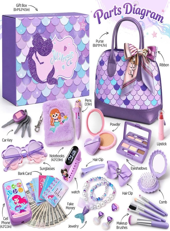 TUZT Mermaid Play Purse for Little Girls, 29PCS Toddler Purse Set with Handbag Fake Makeup Watch Toy Phone, Pretend Princess Play Toy Birthday Party Dress Up Role Play Gift for Kids Age 3-8 - Image 2