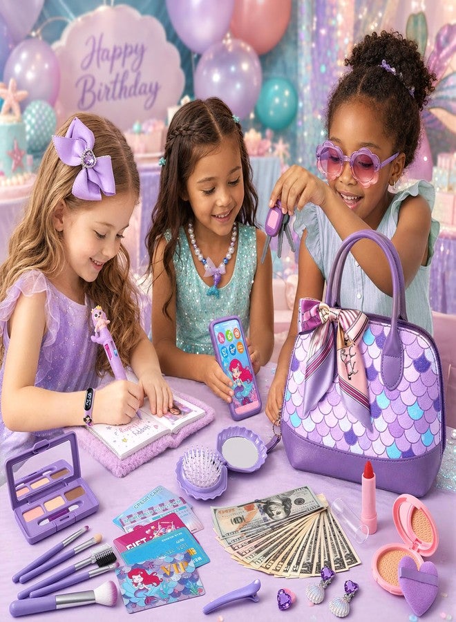 TUZT Mermaid Play Purse for Little Girls, 29PCS Toddler Purse Set with Handbag Fake Makeup Watch Toy Phone, Pretend Princess Play Toy Birthday Party Dress Up Role Play Gift for Kids Age 3-8 - Image 3