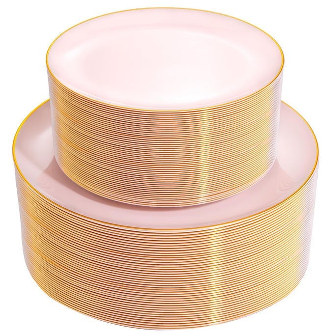 100PCS PINK PLASTIC PLATES HEAVY DUTY PINK AND GOLD DISPOSABLE FOR PARTY WEDDING VALENTINES DAY INCLUDE 50 EACH DINNER DESSERT PLATES