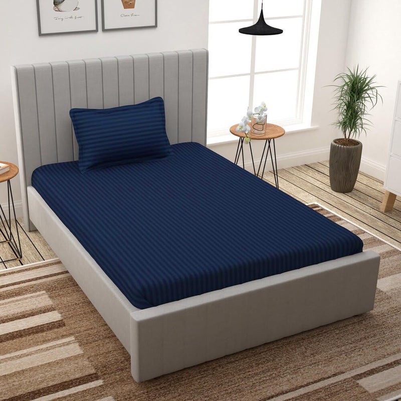 Evan Cotton Feel Satin Stripes/Lining Plain Bedsheet for Single Bed Bedsheet with One Pillow Cover for Home- Hotel-Guest House 60x90 Inch (Navy Blue) - Image 1
