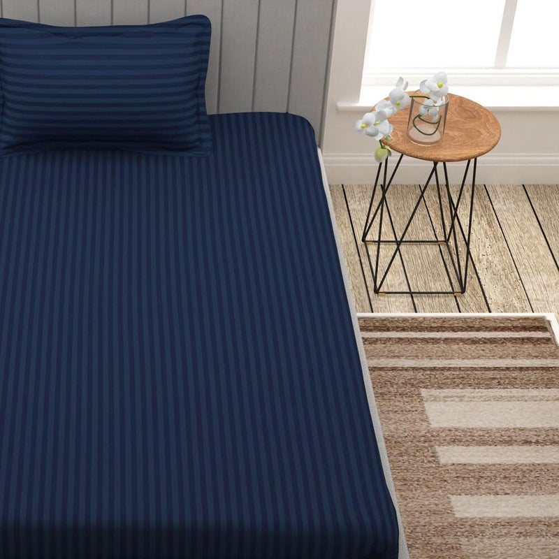 Evan Cotton Feel Satin Stripes/Lining Plain Bedsheet for Single Bed Bedsheet with One Pillow Cover for Home- Hotel-Guest House 60x90 Inch (Navy Blue) - Image 2