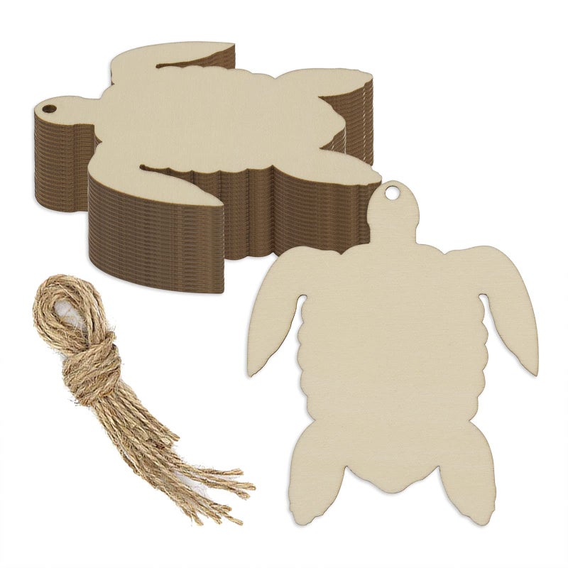JANOU 20pcs Sea Turtle Shape Unfinished Wood Cutouts DIY Crafts Blank Hanging Wooden Tags Ornaments with Ropes for Summer Ocean Sea Theme Party Decoration 394x33 in