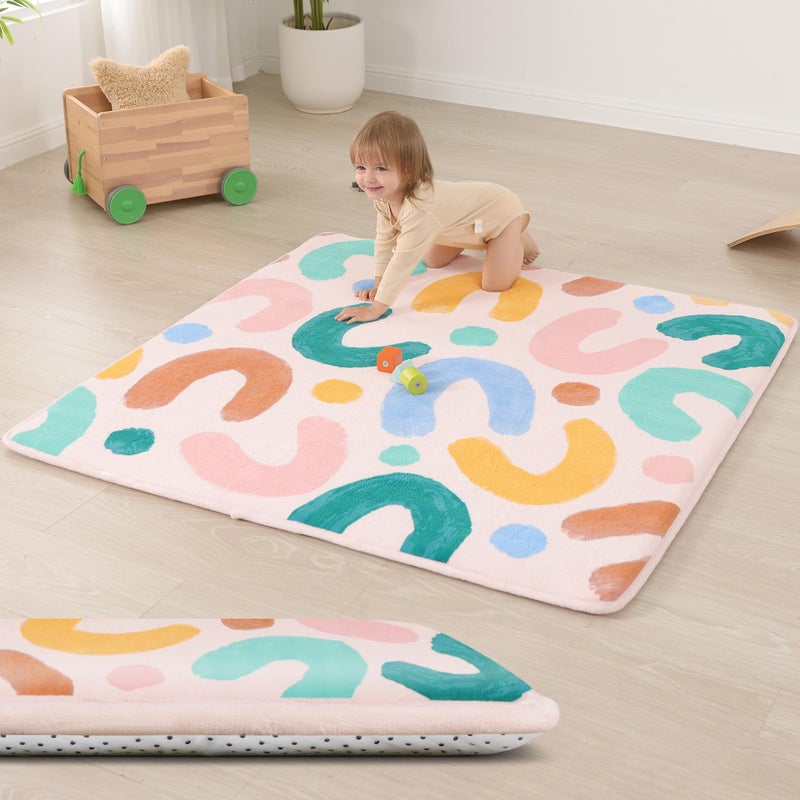Huloo Sleep Baby Play Mat for Floor,1.3" Thick Cushioned Playpen Mat 50"x50",Extra Soft Elasti-Foam,Water Repellent Coral Velvet,Non-Slip for Crawling&Tummy Time,Infant Toddler Kids Nursery Rug(Doodle) - Image 1