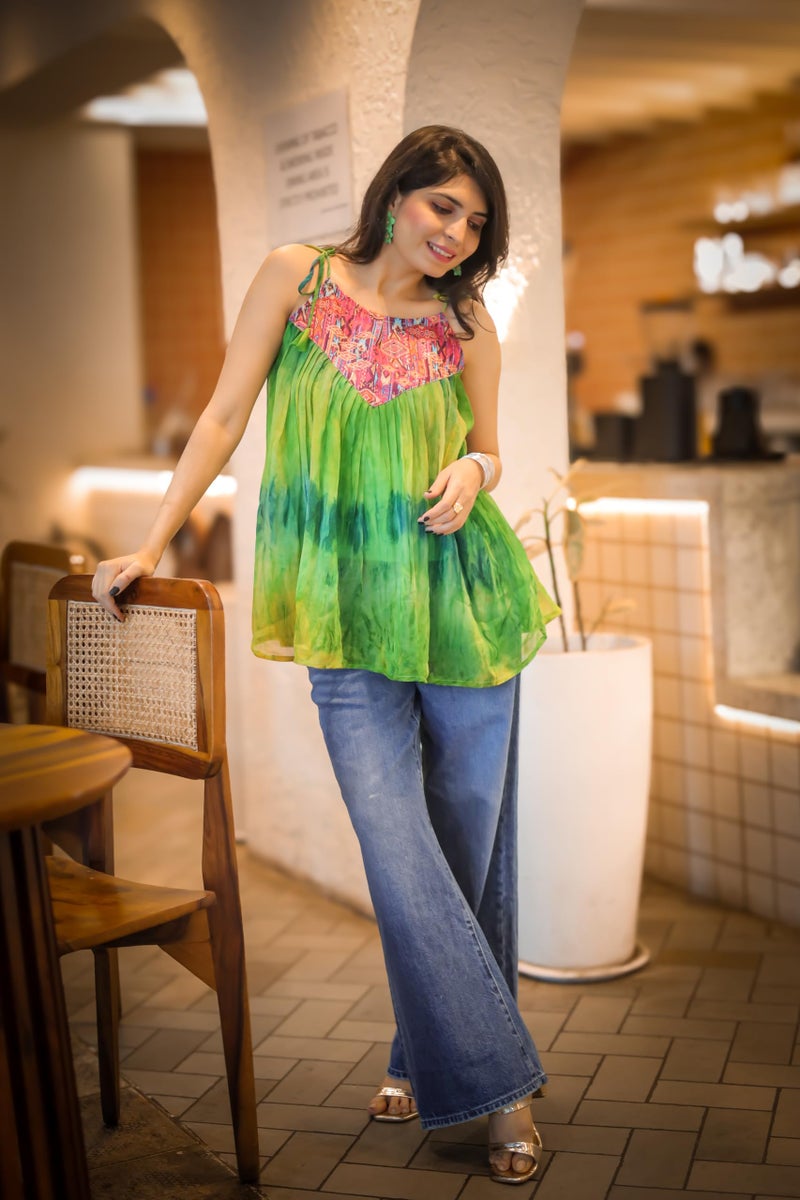 EthnicJunction Women's Georgette Shoulder Knot Flared Short Kurti Green - Image 4