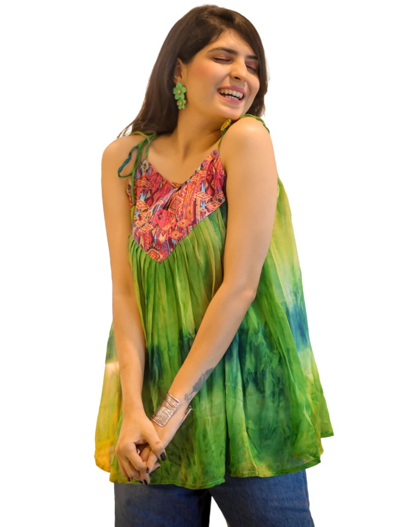EthnicJunction Women's Georgette Shoulder Knot Flared Short Kurti Green - Image 1