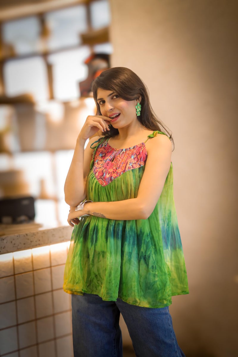 EthnicJunction Women's Georgette Shoulder Knot Flared Short Kurti Green - Image 3