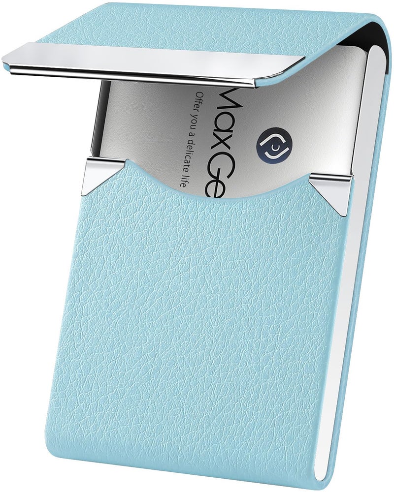 MaxGear Business Card Holder, PU Leather & Stainless Steel Business Card Case for Men or Women, Slim Name Cards Holder RFID Blocking Credit Cards Carrier with Magnetic Closure, Light Blue - Image 1