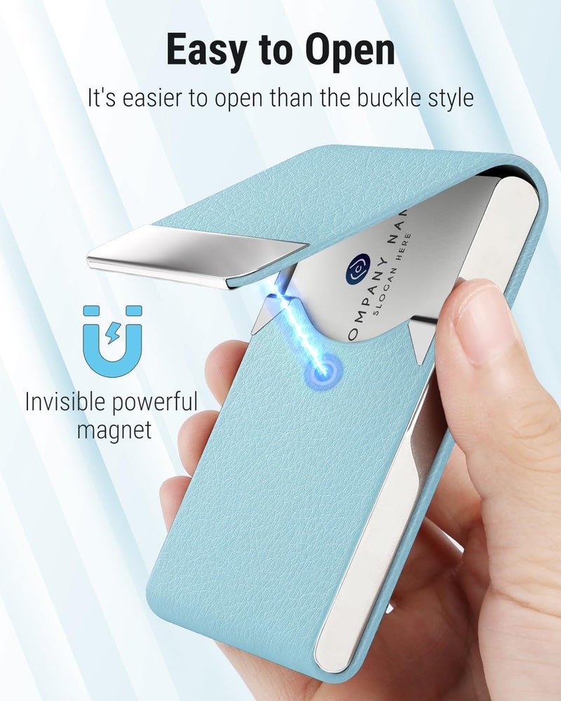 MaxGear Business Card Holder, PU Leather & Stainless Steel Business Card Case for Men or Women, Slim Name Cards Holder RFID Blocking Credit Cards Carrier with Magnetic Closure, Light Blue - Image 3