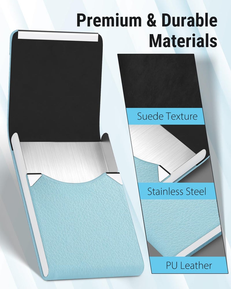 MaxGear Business Card Holder, PU Leather & Stainless Steel Business Card Case for Men or Women, Slim Name Cards Holder RFID Blocking Credit Cards Carrier with Magnetic Closure, Light Blue - Image 4