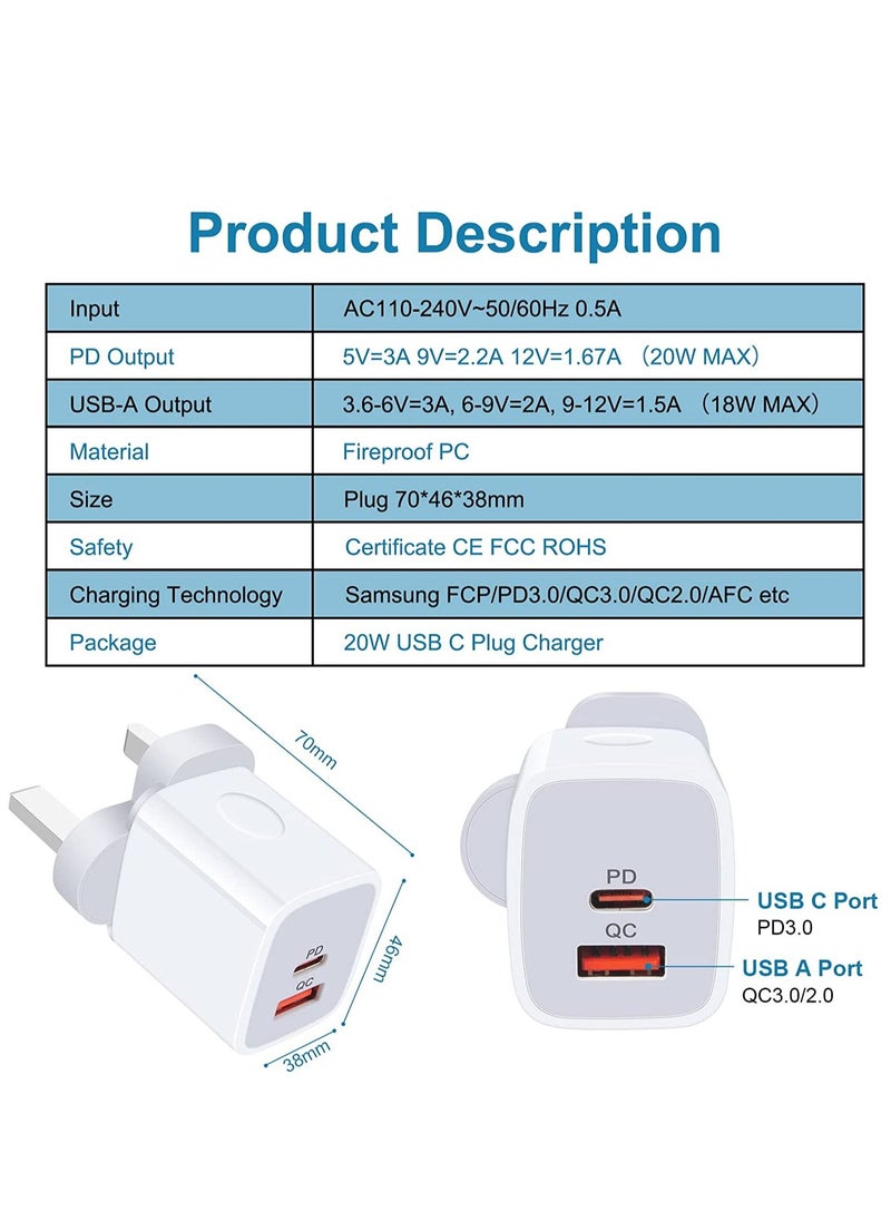 Generic - Galaxy A13/A12/A23/A52s/A32/A33/A22/Z Fold 4/Z Flip 4 USB C Charger Plug,20W Dual Ports PD & QC 3.0 Mains Wall Charger Plug,Type C Plug Fast Charging Power Adapter With Samsung Galaxy A13,iPhone12/13 - Image 1