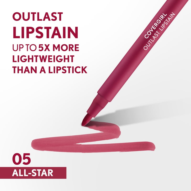 COVERGIRL Outlast, 05 All-Star, Lipstain, Smooth Application, Precise Pen-Like Tip, Transfer-Proof, Satin Stained Finish, Vegan Formula, 0.06oz - Image 2