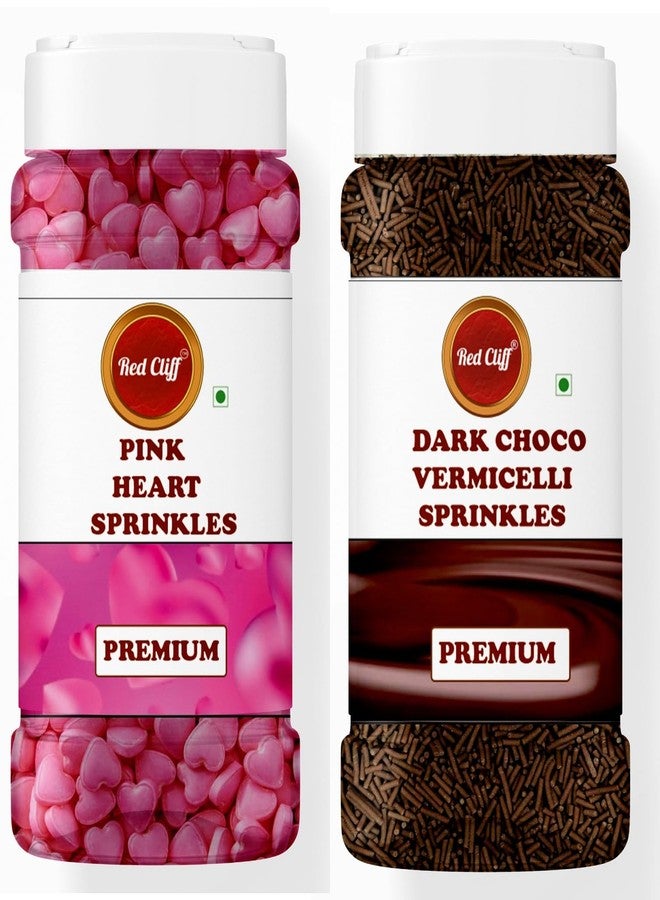 RED CLIFF Edible Pink Heart+Dark Choco Vermicelli Shape Sprinkles | Metallic Dessert Toppings for Cakes, Cupcakes, Ice Cream & Sweets | Edible Decorative Sugar Sprinkles | Ideal for Baking & Festive Garnishing | 100gx2 | Pack of 2 - Image 1