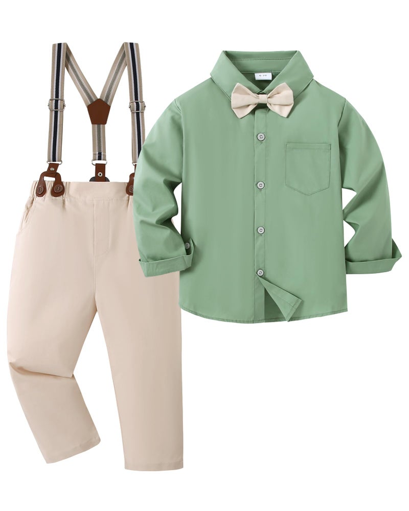 YALLET Toddler Boy Clothes Suit, Formal Dress Shirt with Bowtie+Suspender Pants Boy Gentleman Wedding Outfits(Light Green, 2-3T) - Image 1