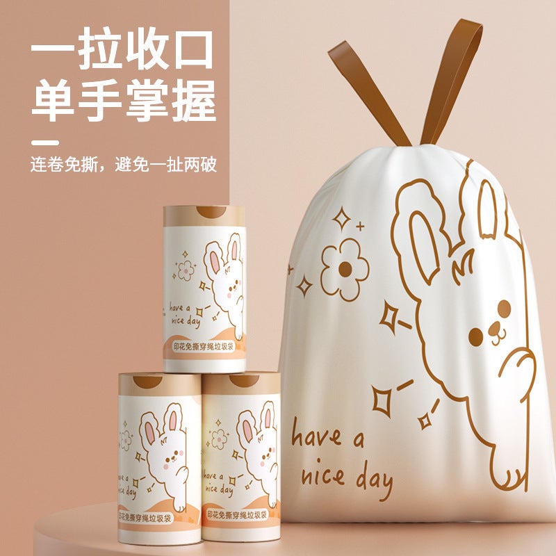 Tear-Free Garbage Bag Household Satchel Thickeneded Kitchen Drawstring Printed Tear-Free Automatic Closing Large Garbage Bag - Image 2