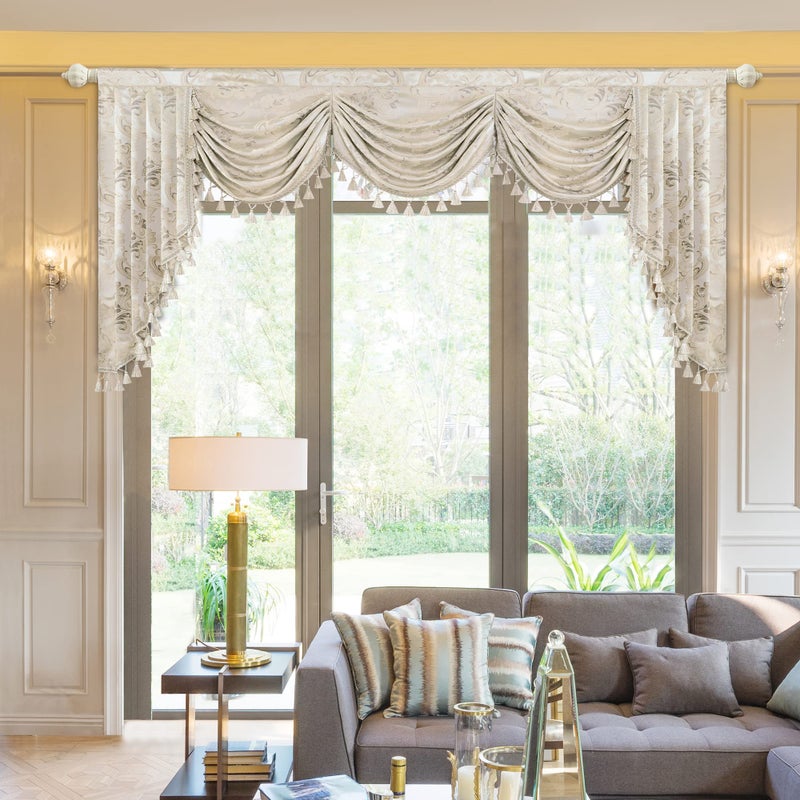 Loom and Mill Luxury Waterfall Valances for Windows Elegant Jacquard Thick Swag Curtains Valance with Tassels for Living Room Bedroom Party Banquet Decorations Light Apricot W79 Inch 1 Panel