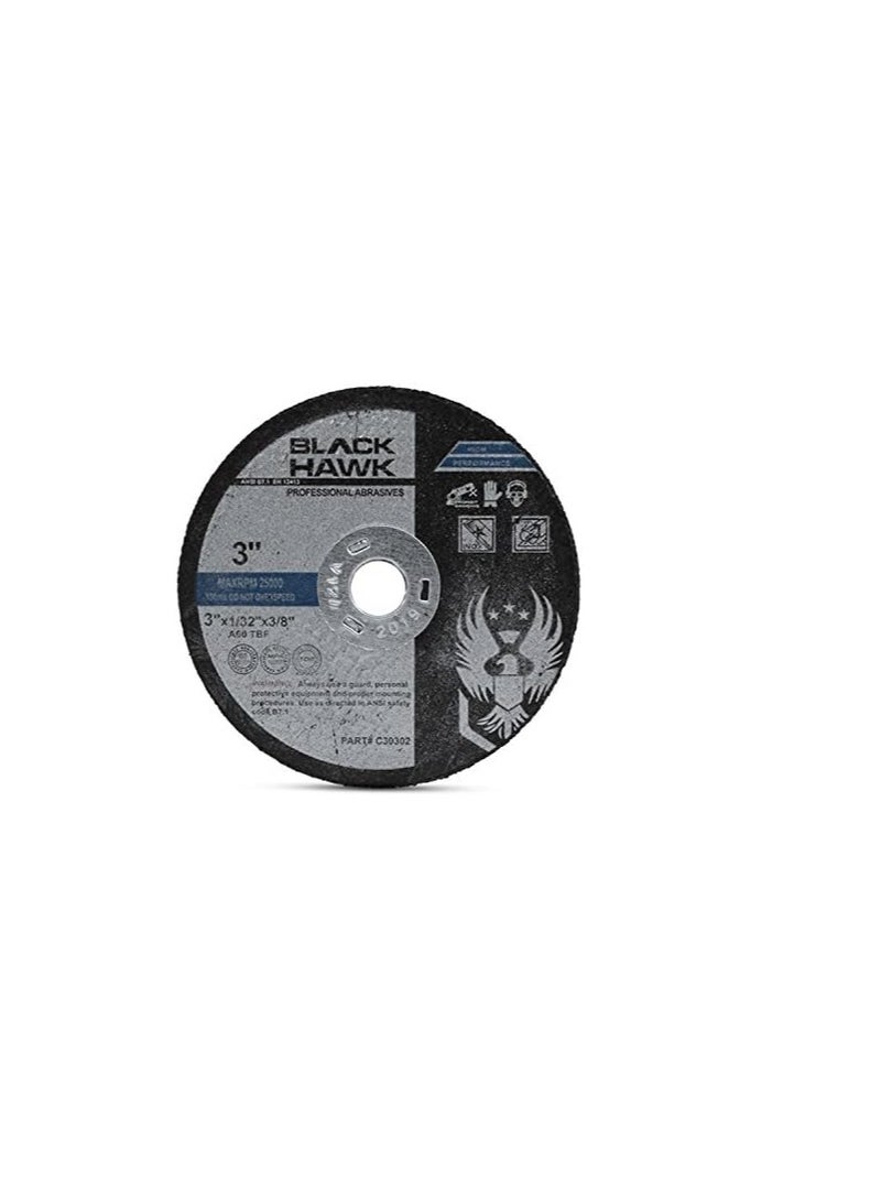 Black Hawk Metal and Stainless Steel Cut Off Wheels for Die Grinders, 3” x 1/32” x 3/8” - 25 Pack - Image 1