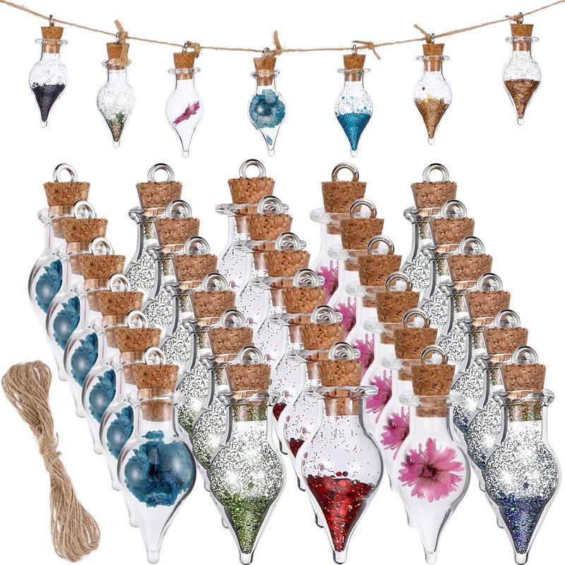 Patelai 30 Pieces Tiny Glass Bottles with Cork Mini Glass Potion Bottles with Lids Clear Small Wishing Jars with 20 Meters Hanging Rope or Birthday Party Favors DIY Art CraftsTeardropShaped