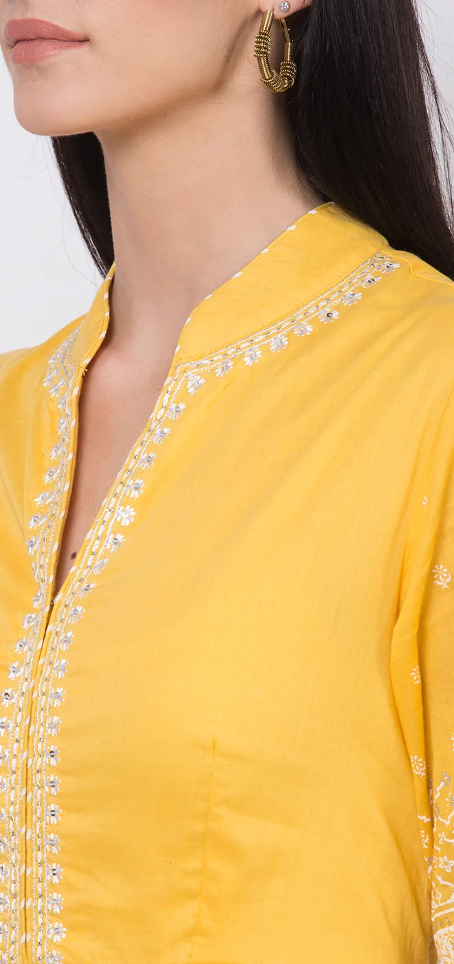 Biba Yellow Straight Kurta Churidar Suit Set