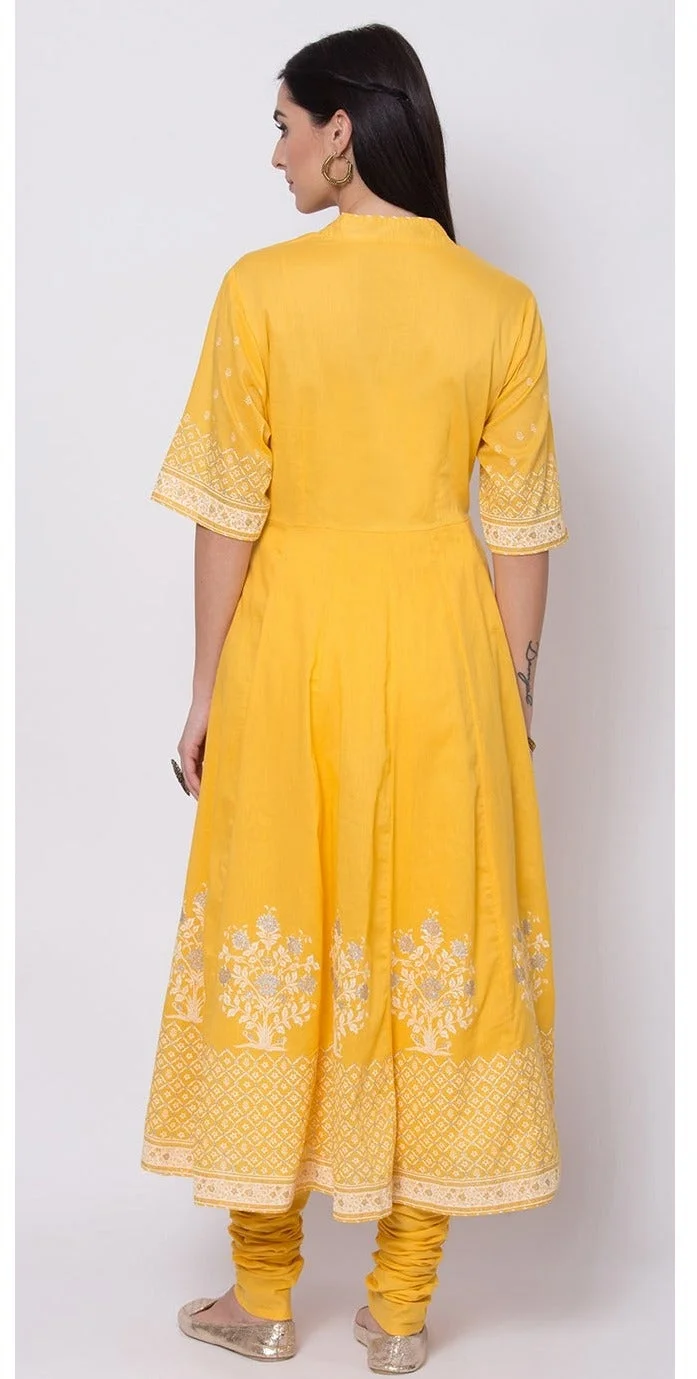 Biba Yellow Straight Kurta Churidar Suit Set