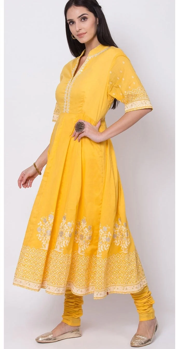 Biba  Yellow Straight Kurta Churidar Suit Set for Women | Best Price UAE